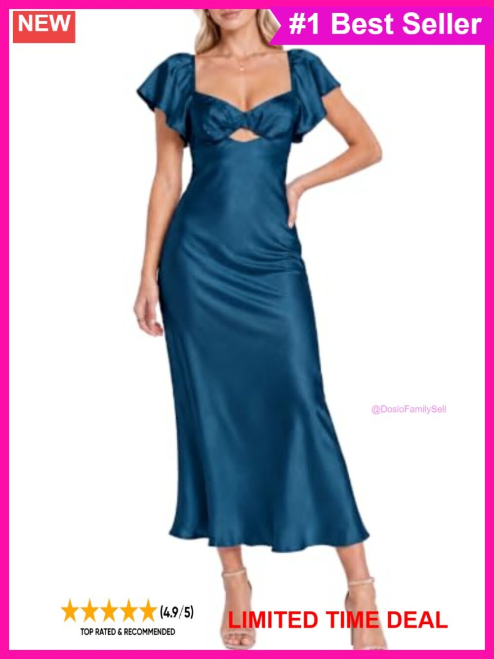Satin Midi Dress Flutter Sleeve Sweetheart Neckline Tie Back Wedding Guest